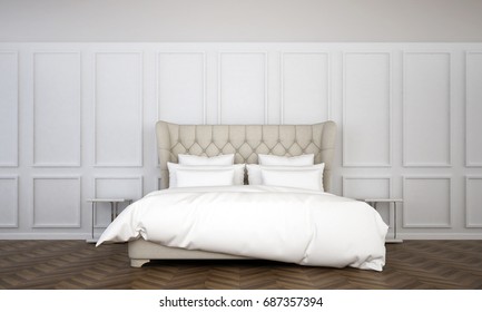 The Interiors Design 3D Rendering Of Modern Luxury Bedroom And White Wall Pattern Background