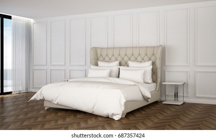 The Interiors Design 3D Rendering Of Modern Luxury Bedroom And White Wall Pattern