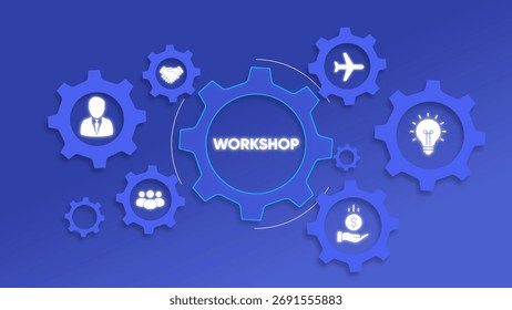 Interlocking gears with icons representing a workshop on a blue background. Clear details and vib...