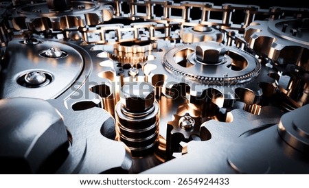 Interlocking metal gears and chain rotating, symbolizing industrial power and precision engineering