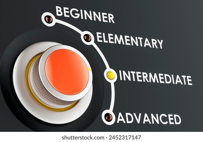 Intermediate level, learning and improvement language concept with scale knob. 3D rendering