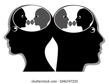 Internal Discourse Or Inner Dialogue. Man And Woman Communicate With Their Inner Voices In Their Heads