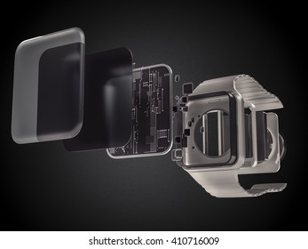 Internal inside electronic smart watches. 3D illustration. High resolution.