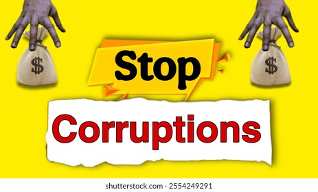 International Anti Corruption Day Banner - Stop Corruption - Money Bags and Hands  - Powered by Shutterstock