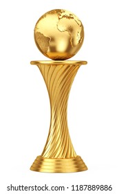 International Award Concept. Golden Award Trophy Earth Globe On A White Background. 3d Rendering. 