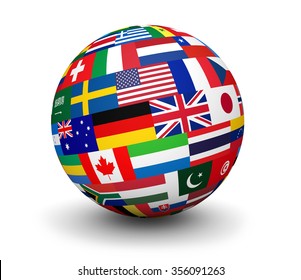 International Business, Travel Services And Global Management Concept With A Globe And International Flags Of The World 3d Illustration On White Background.