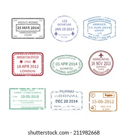 International business and vacations travel visa stamps set like hong kong australia london new zeland and philippines