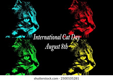 International Cat Day August 8 8th. Pop art artistic effect. Close up cat head face side view. Colourful colorful. Black background. Annual observance appreciate celebrate feline friend companion. - Powered by Shutterstock