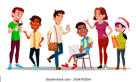 International Character Adolescent Set . Adolescent Sitting On Chair And Holding Laptop, Teenager With Smartphone, Smiling Boy And Young Girl With Christmas Present. Flat Cartoon Illustration - Shutterstock ID 1434741854