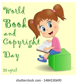 International Children's Book Day Poster. Cute Girl With A Pile Of Books.