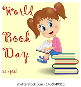 International Children's Book Day Poster. Cute Girl With A Pile Of Books.