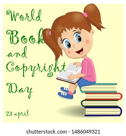 International Children's Book Day Poster. Cute Girl With A Pile Of Books.