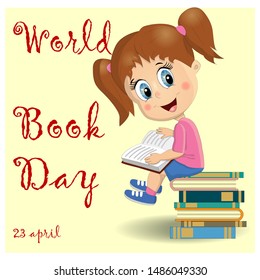 International Children's Book Day Poster. Cute Girl With A Pile Of Books.