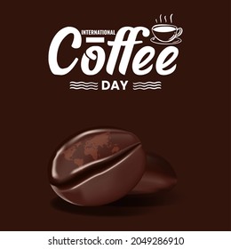 International Coffee Day Banner. World Map On Coffee Bean. 