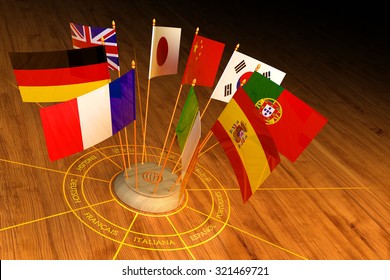 International Communication, Diplomacy And Foreign Language Translation Concept, Circle From National Flags Of The World Countries On Wooden Background