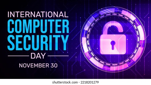 International Computer Security Day Background with Futuristic Technology concept. Modern Glowing Lock with connecting nodes