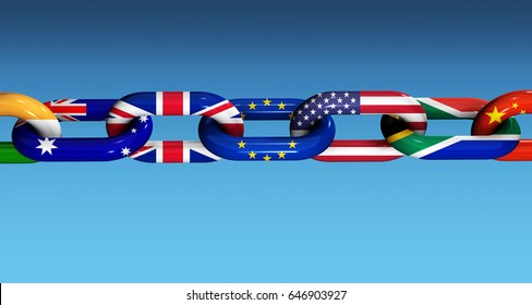 International cooperation and business collaboration concept with world flags on a chain 3D illustration.