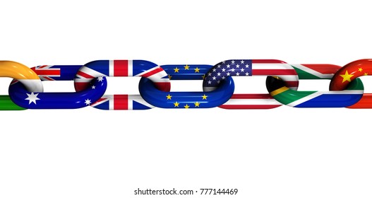 International Cooperation And Business Collaboration Concept With World Flags On A Chain 3D Illustration On White Background.