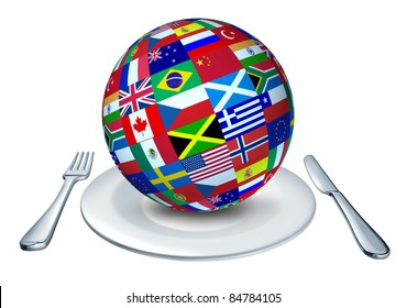 International cuisine represented by a globe with flags from many countries as Italy France and China representing gourmet and home cooking from around the world.