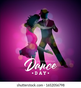 International Dance Day  Illustration with tango dancing couple on purple background. Design template for banner, flyer, invitation, brochure, poster or greeting card. JPG version.