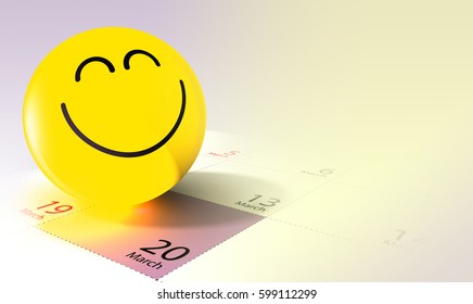 International Day of Happiness concept illustration: Yellow Smile 3D emoji on March 20 box in a calendar and copy space
