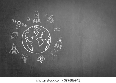  International Day Of Human Space Flight UFO Concept On Grunge Black Chalkboard Background