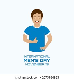 International Men’s Day illustration. Happy young man with thumb up icon. Cheerful man in casual blue t-shirt illustration. Men’s Day Poster, November 19. Important day - Powered by Shutterstock