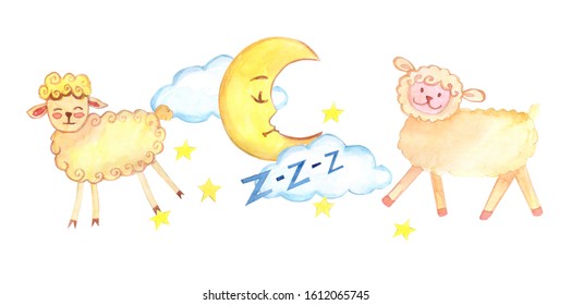 International day of sleep. Watercolor illustration of sleeping people. People are sleeping. Dream. Count sheep before going to bed. Moon. Night time. Bed. - Powered by Shutterstock