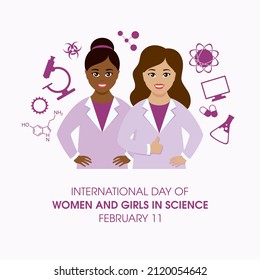 International Day Of Women And Girls In Science Illustration. Two Female Scientists Icon. Purple Science Icon Set Vector. February 11, Important Day