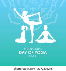 International Day Of Yoga Poster With Yoga Female Workout Illustration. Women Yoga Poses White Silhouettes. Yoga Position Icon Set. June 21. Important Day