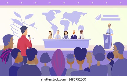 International Ecological Scientific Conference Cartoon Concept With Members Of Presidium Siting At Desk On Stage, Speaker Standing Behind Tribune And Journalist Asking Question From Audience