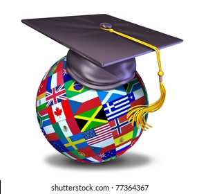 International Education Symbol With Graduation Cap And Mortar Board On A Sphere With Flags Of The Globe.