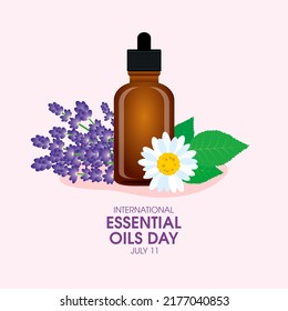 International Essential Oils Day illustration. Brown glass bottle of essential oil with lavender flowers icon. Nature fragrance oil vial with a dropper illustration. July 11. Important day - Powered by Shutterstock