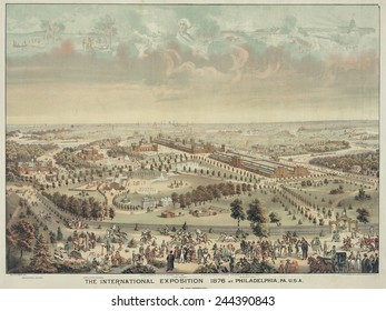 The International Exposition 1876 At Philadelphia. Bird's-eye View Of The Exposition Grounds Shows People From Many Cultures In The Foreground.