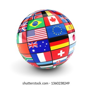 International Flags Globe. Business, Travel And Global Management Concept With International Country Flags Of The World 3D Illustration Isolated On White Background.