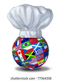 International foods and cuisines of the world represented by a restaurant chef hat and flags of countries on a sphere resting on the floor.