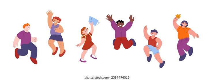 International happy kids group jumping. Joyful teenagers team, isolated little students in autumn outfits. Cute children characters - Powered by Shutterstock