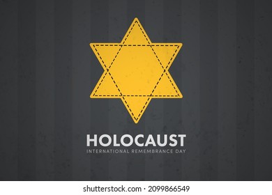 International Holocaust Remembrance Day. Jewish star, stripes on prisoner robe outfit. World War II Remembrance Day,  January 27. Yellow Star of Concentration Camps.