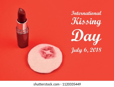 International Kissing Day illustration. Red lipstick on a red background. Lipstick kiss on a cotton pad. Kissing Day poster. Important day - Powered by Shutterstock