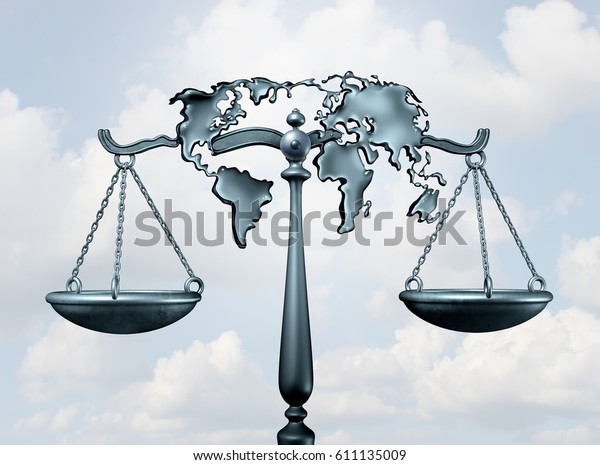 International law and global legal system\
concept as a justice scale shaped as the world as a metaphor for\
diplomatic treaty agreement or relations among nations as a 3D\
illustration.