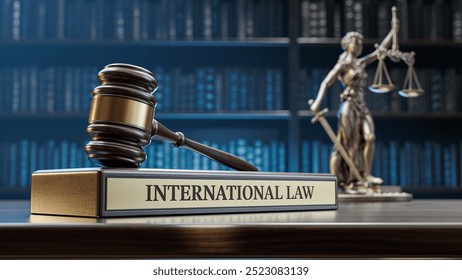 International Law: Judge's Gavel as a symbol of legal system, Themis is the goddess of justice and wooden stand with text word on the background of books. 3D Illustration - Powered by Shutterstock