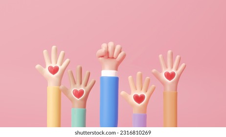 International Left Handers Day. On August 13 in cartoon style background illustration. Holiday concept. Happy Left-handers Day. Left hands raised up together, help and support each other. 3d rendering - Powered by Shutterstock