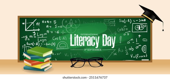 International Literacy Day 8 September graduation cap on green board poster - Powered by Shutterstock