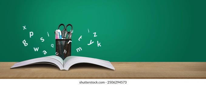 International Literacy Day concept of open book with alphabet letters. Children education background or learning event concept. - Powered by Shutterstock