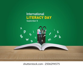 International Literacy Day concept of open book with alphabet letters. Children education background or learning event concept. - Powered by Shutterstock