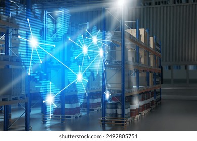 International logistics warehouse. Distribution center. Logistics map world. Parcels on shelves inside warehouse. International supply chains. Global fulfillment center. Storage, delivery. 3d image - Powered by Shutterstock