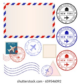 International mail envelope with collection of post stamps marked NEW YORK. 3d illustration isolated on white background. Raster version