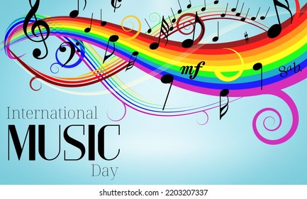 International Music Day With Rainbow Waves Of Musical Nodes On Cyan Gradient Background