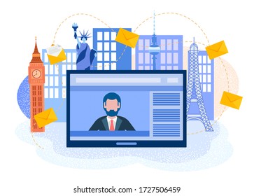 International news, webinar, online conference of participants from around the world. Tablet and businessman on the screen on the background of buildings symbolizing different countries. - Powered by Shutterstock