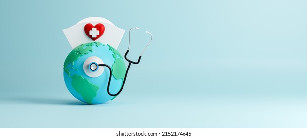 International nurse day, medical help and care concept, happy nurses day on earth with stethoscope to mark the contributions that nurses make to society, copy space for text, 3d rendering illustration - Powered by Shutterstock